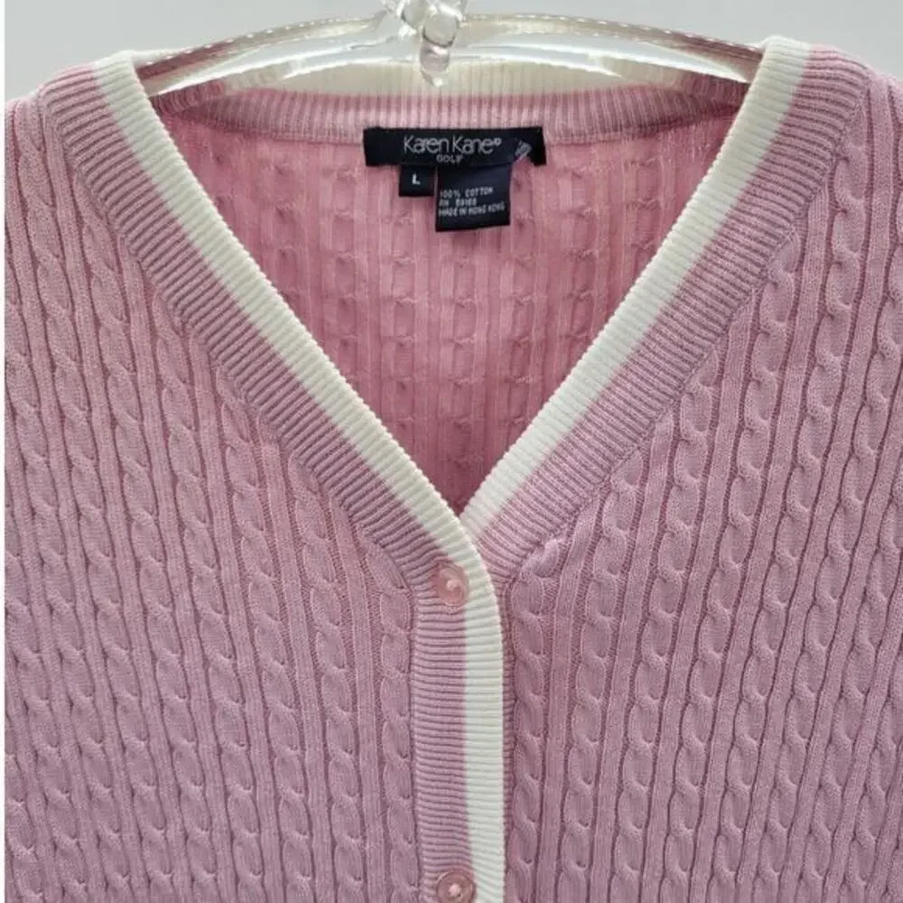 Karen Kane Golf Pink Cream Preppy Old Money Cable Knit Cardigan‎ Jacket Sweater - Picture 6 of 11